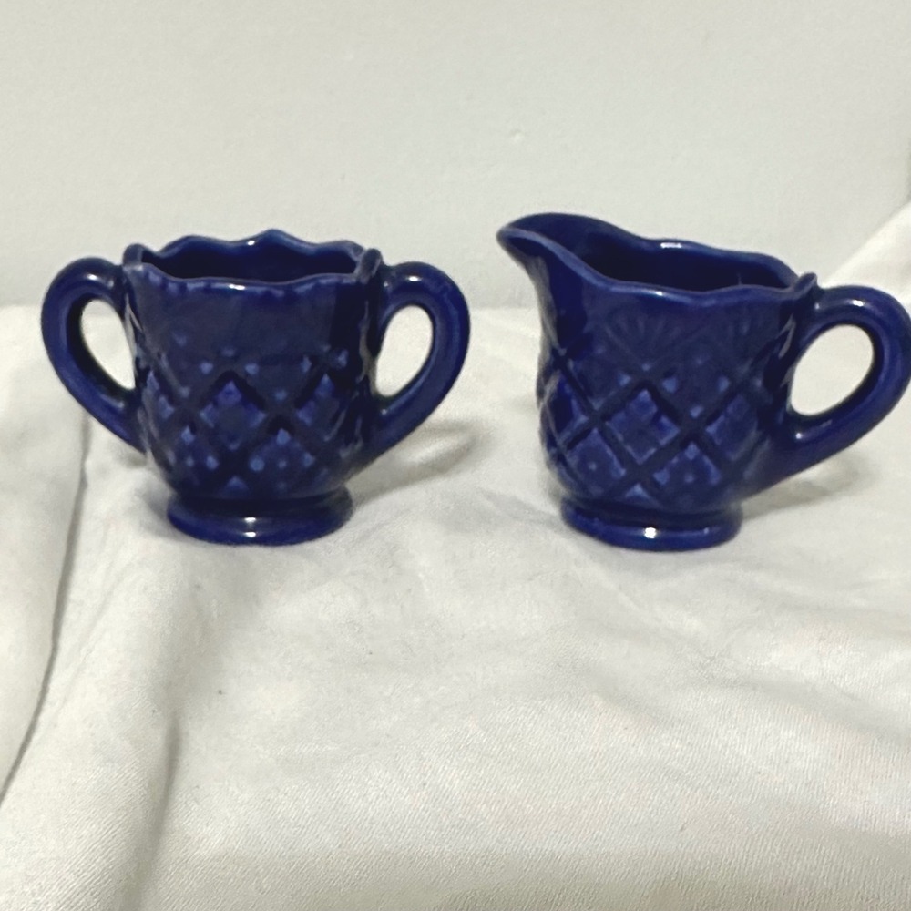 Vintage Mini Cream and Sugar Set Cobalt Blue Excellent Quilted Ceramic Tea Retro